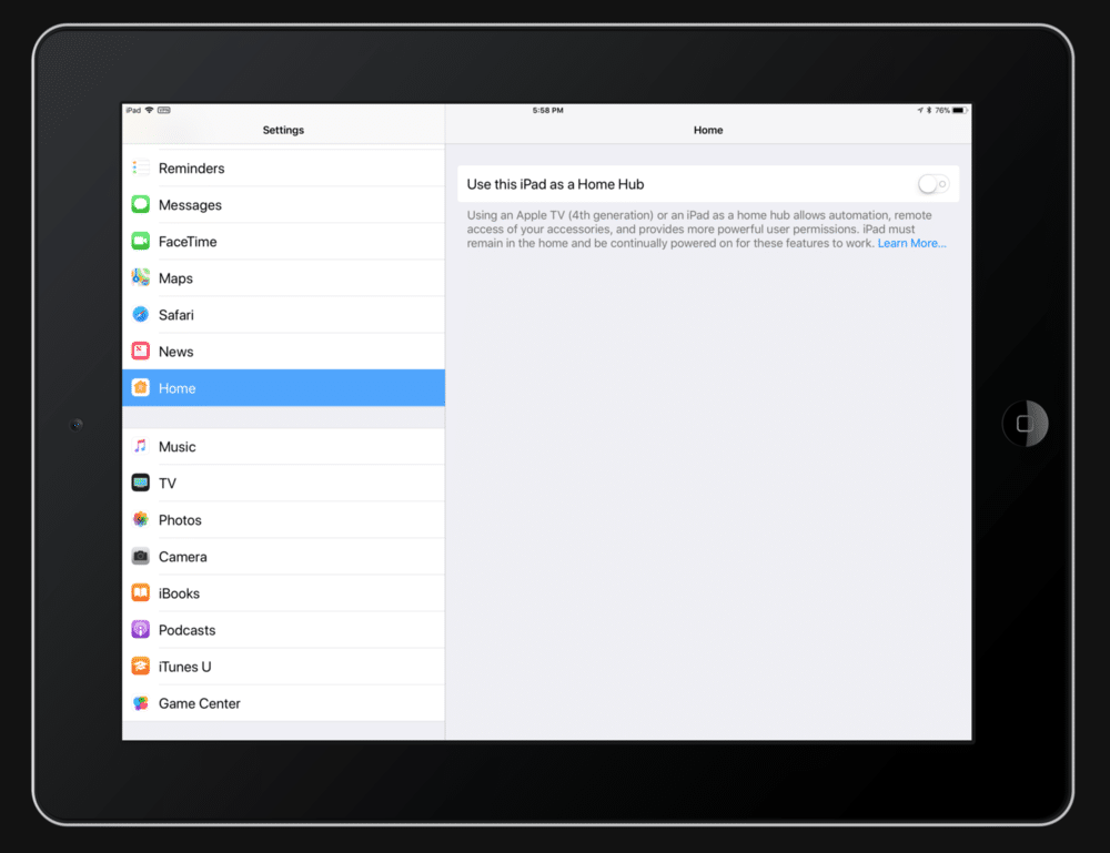 iPad HomeKit Hub Settings